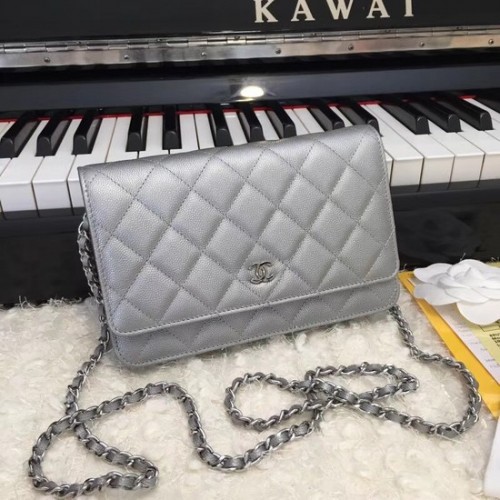Sac bandoulière Chanel Original Caviar Leather Flap CF33814 Gris argenté Chaîne argentée
