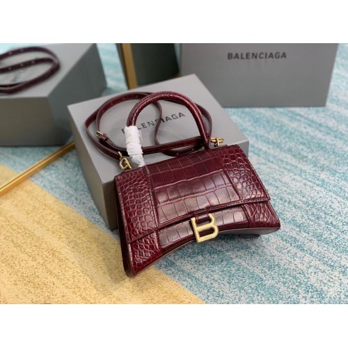 Balenciaga PETIT SAC À POIGNÉE SUPÉRIEURE HOURGLASS cuir de veau embossé crocodile B108895E Bordeaux