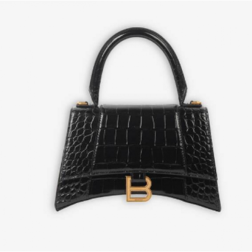 Balenciaga PETIT SAC À POIGNÉE SUPÉRIEURE HOURGLASS cuir de veau embossé crocodile B108895E noir