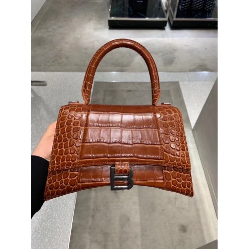 Balenciaga PETIT SAC À POIGNÉE SUPÉRIEURE HOURGLASS cuir de veau embossé crocodile B108895E marron