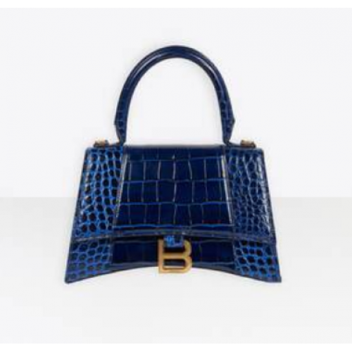 Balenciaga PETIT SAC À POIGNÉE SUPÉRIEURE HOURGLASS cuir de veau embossé crocodile B108895E bleu foncé