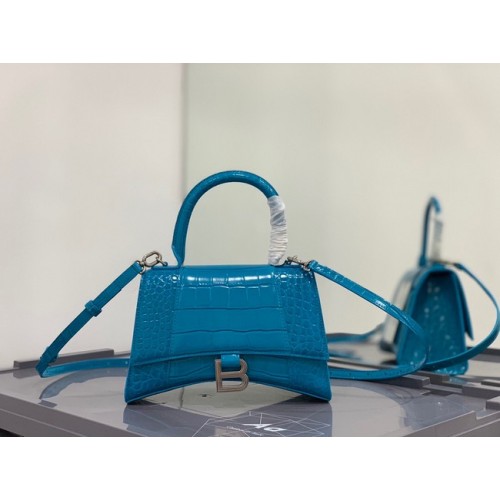 Balenciaga PETIT SAC À POIGNÉE SUPÉRIEURE HOURGLASS cuir de veau embossé crocodile B108895E bleu ciel