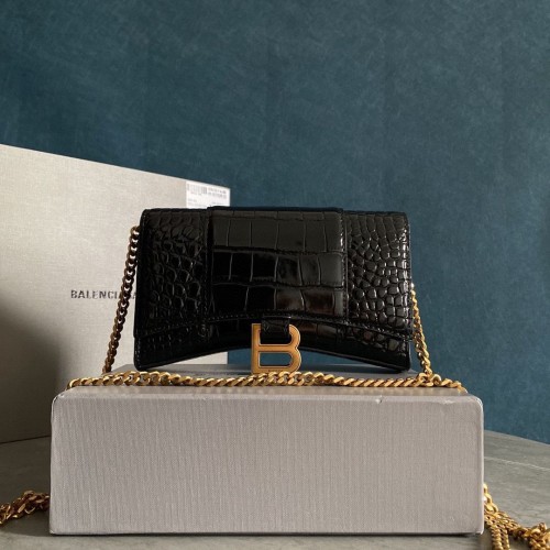 Balenciaga HOURGLASS Portefeuille Avec Chaîne Crocodile En Relief 656050 Noir