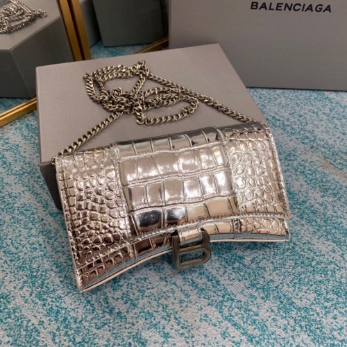 Balenciaga HOURGLASS Portefeuille Avec Chaîne Crocodile En Relief 656050 Argent