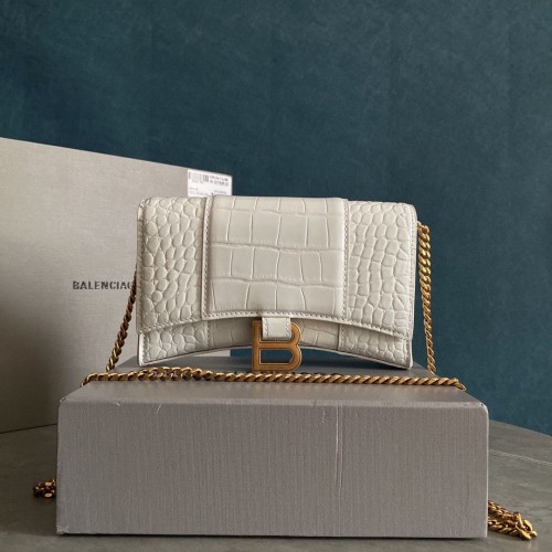 Balenciaga HOURGLASS Portefeuille Avec Chaîne Crocodile En Relief 656050 Blanc