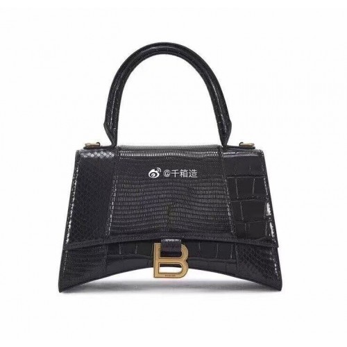 Balenciaga Hourglass Small Top Handle Bag cuir de veau embossé crocodile B108891E noir