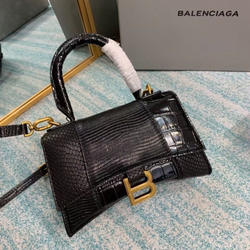 Balenciaga Hourglass XS Top Handle Bag cuir de veau brillant embossé crocodile B108892E noir