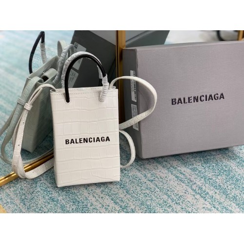 Balenciaga Mini sac cabas original en cuir embossé crocodile brillant B152865 blanc