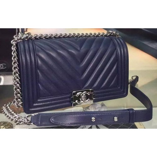 Boy Chanel Flap Bag Original Chevron Nubuck Cuir A5708 Royal
