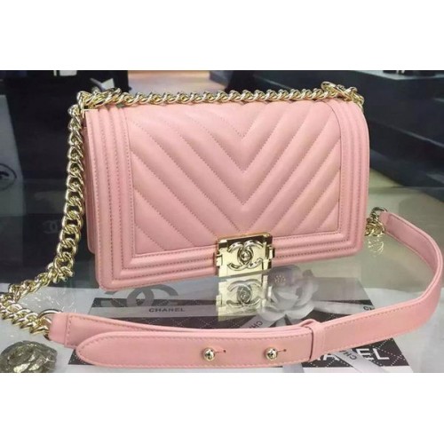 Boy Chanel Flap Bag Original Chevron Pink Nubuck Leather A5708 Doré