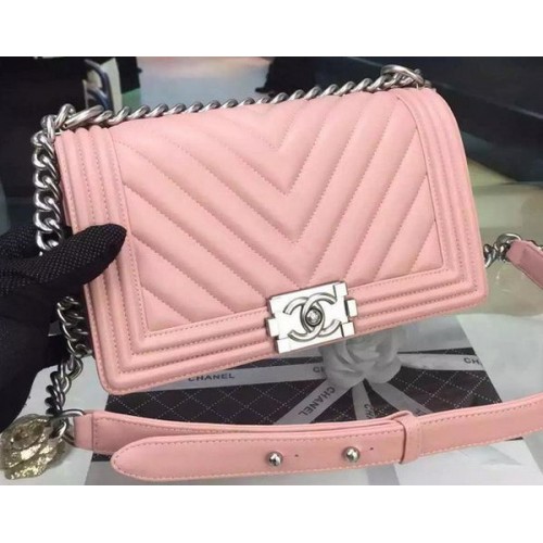 Chanel Boy Flap Bag Original Chevron Pink Nubuck Leather A5708 Argent