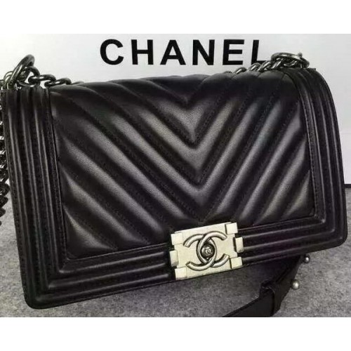Boy Chanel Flap Bag Original Chevron Sheepskin Leather A5708 Noir