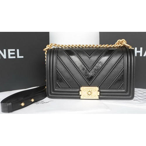 Boy Chanel Flap Bag Original Chevron Sheepskin Leather A92193 Noir