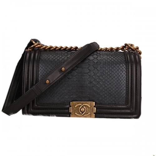 Boy Chanel Flap Sac à bandoulière en cuir de serpent noir d'origine A67086 Or