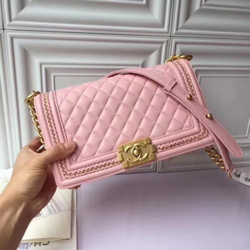 Boy Chanel Flap Sac à bandoulière en cuir de mouton d'origine A67086 Rose