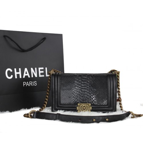 Boy Chanel Rabat Sac à Bandoulière Python Veines Cuir A25030 Noir