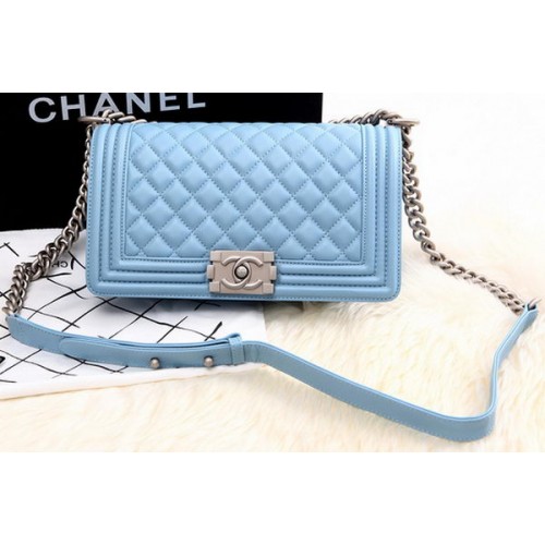 Boy Chanel Rabat Sac à Bandoulière Bleu Ciel en Cuir de Mouton A67086 Argent