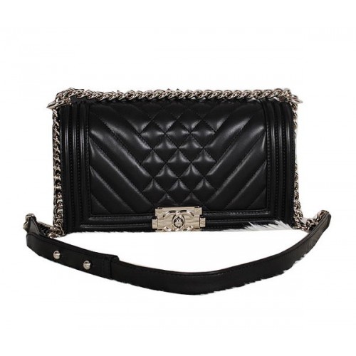 Boy Chanel Flap Sac à bandoulière en cuir de mouton d'origine A90191 Noir