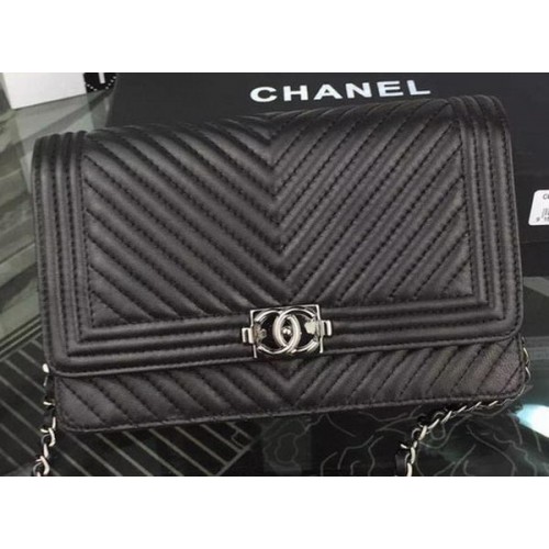 Boy Chanel WOC Flap Bag Original Chevron Sheepskin A53731 Noir
