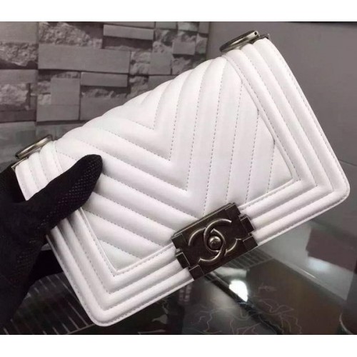 Boy Chanel mini Flap Bag Original Chevron Nubuck Leather A5707 Blanc