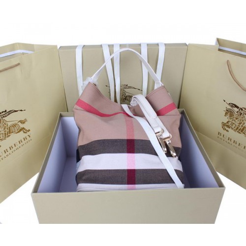Burberry Sac Hobo Moyen Brit Check 1151 Blanc Cassé