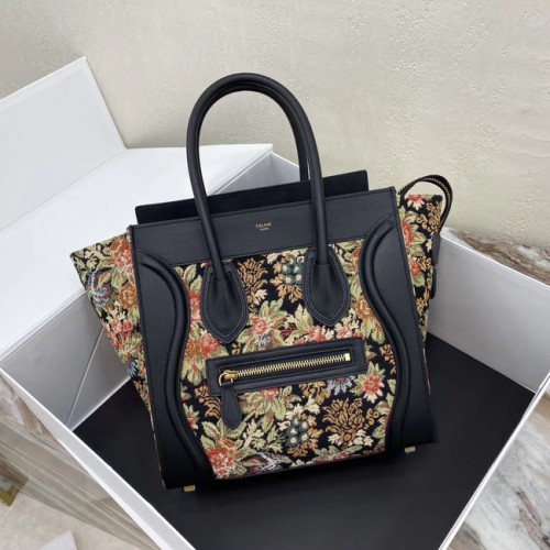 CELINE SAC MICRO LUGGAGE EN JACQUARD FLORAL ET CUIR DE VEAU 167793 NOIR