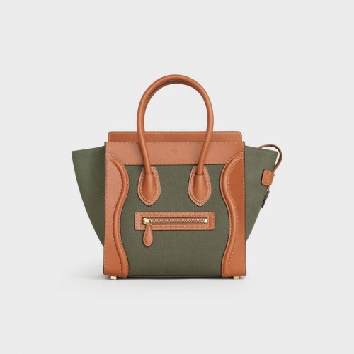CELINE MICRO LUGGAGE SAC A MAIN EN TEXTILE ET CUIR DE VEAU 167793 TAN&Khaki