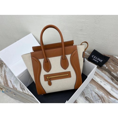 CELINE MICRO LUGGAGE SAC A MAIN EN TEXTILE ET CUIR DE VEAU 167793 TAN&WHITE