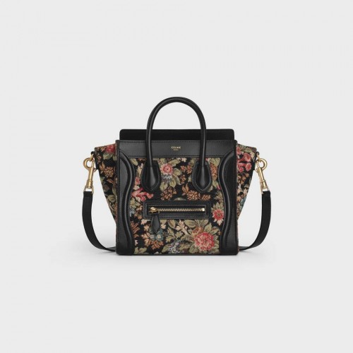 SAC À BAGAGES CELINE NANO EN JACQUARD FLORAL ET CUIR DE VEAU 189242 NOIR