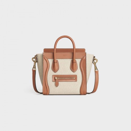 SAC À BAGAGES CELINE NANO EN JACQUARD FLORAL ET CUIR DE VEAU 189242 TAN&WHITE