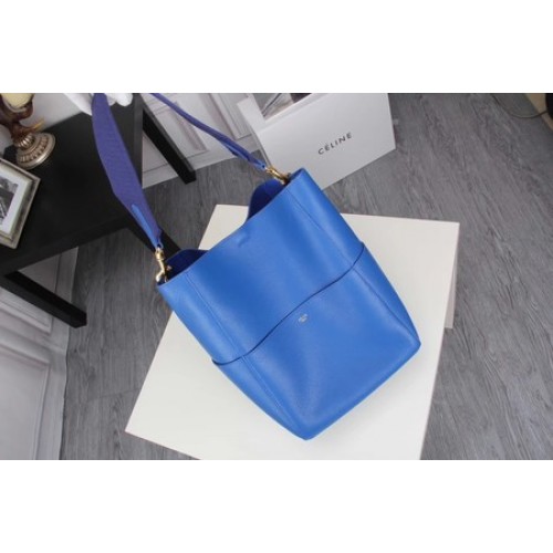 CELINE Sac Sangle Seau en Cuir Litchi C3371 Bleu