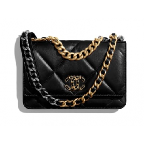 Chanel 19 Classic Sheepskin Leather Chain Wallet AP0957 métal doré noir