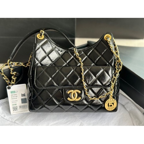 CHANEL 2023 SAC À MAIN Veau brillant AS3609 Métal doré noir