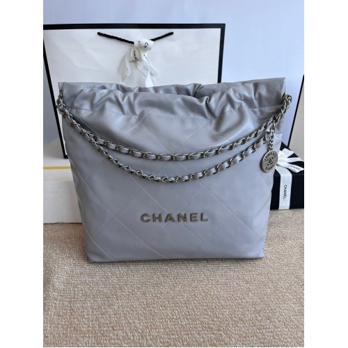 SAC À MAIN CHANEL 22 Cuir de veau Métal argenté AS3261 gris
