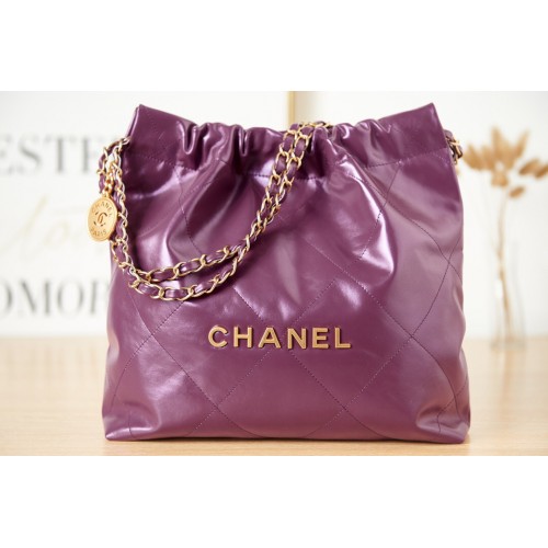 SAC À MAIN CHANEL 22 Cuir de veau Métal doré AS3261 Violet foncé