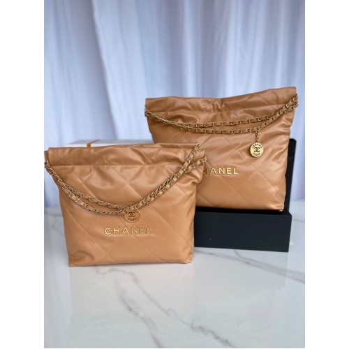 SAC À MAIN CHANEL 22 Veau brillant Métal doré AS3261 AS3260 Marron