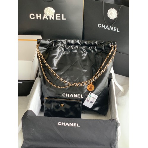 SAC À MAIN CHANEL 22 Veau brillant Métal doré AS3262 noir&blanc