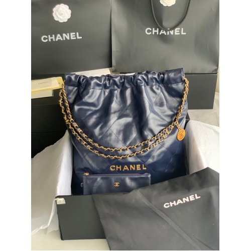 SAC À MAIN CHANEL 22 Veau brillant Métal doré AS3262 bleu foncé