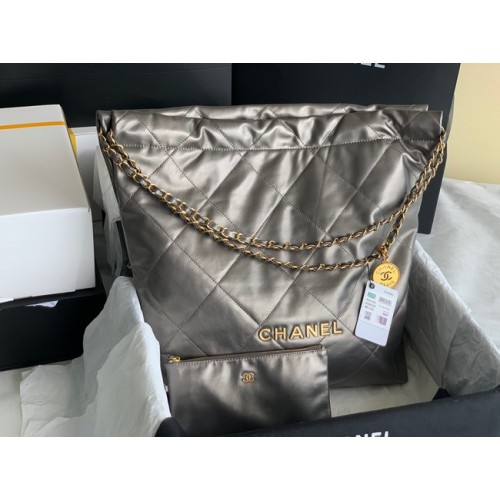 SAC À MAIN CHANEL 22 Veau brillant Métal doré AS3262 gris argent