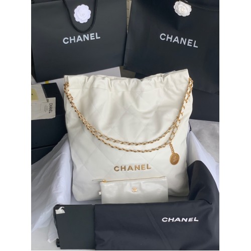 SAC À MAIN CHANEL 22 Veau brillant Métal doré AS3262 blanc&or
