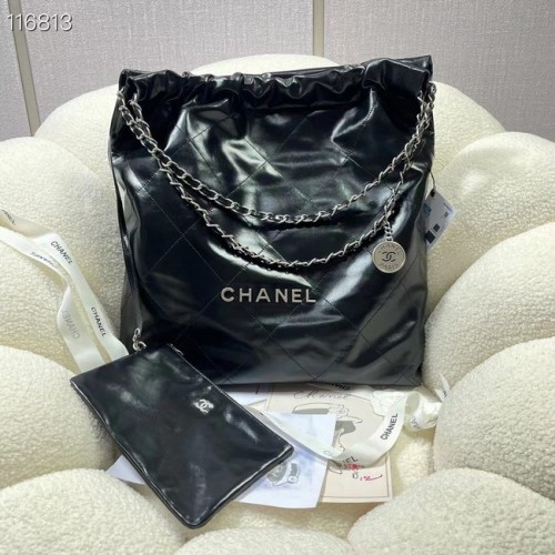 SAC À MAIN CHANEL 22 Cuir de veau brillant Métal argenté AS3262 noir