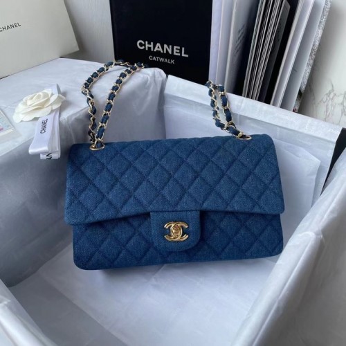 CHANEL SAC À MAIN CLASSIQUE Denim Imprimé Métal Doré 1112 BLUE