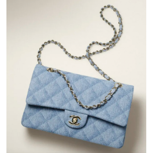 CHANEL SAC À MAIN CLASSIQUE Denim Imprimé Métal Doré 1112 Bleu Clair