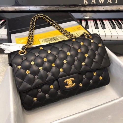 CHANEL Sac à Main Classique Agneau Métal Doré Finition Ruthénium A01112 Noir