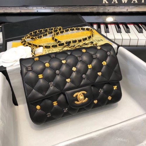 CHANEL Sac à Main Classique Agneau Métal Doré Finition Ruthénium A01116 Noir
