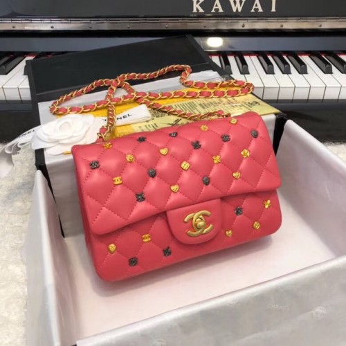 CHANEL Sac à Main Classique Agneau Métal Doré Finition Ruthénium A01116 rouge