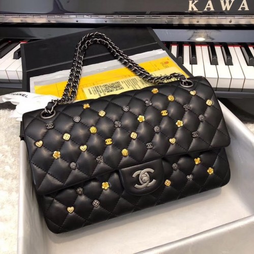 CHANEL Sac à Main Classique Agneau Métal Finition Ruthénium Argenté A01112 Noir