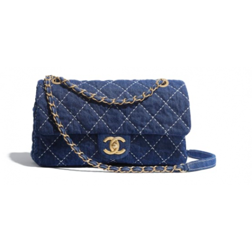 CHANEL Sac à rabat en denim AS1328 bleu