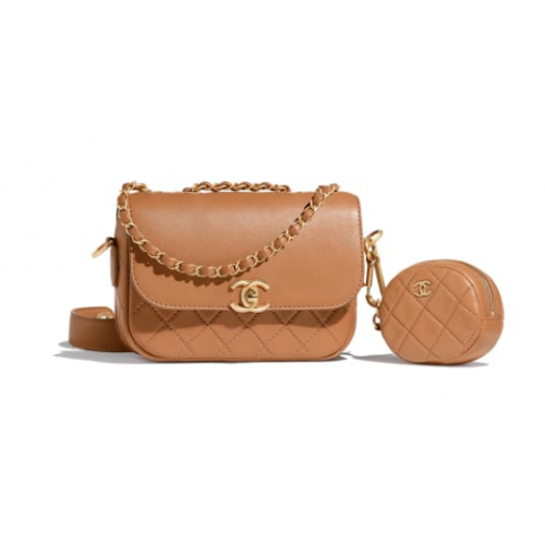 CHANEL Sac à rabat Agneau&Métal doré AS1094 Camel