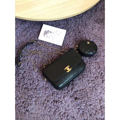 CHANEL Sac à rabat Agneau&Métal doré AS1094 noir